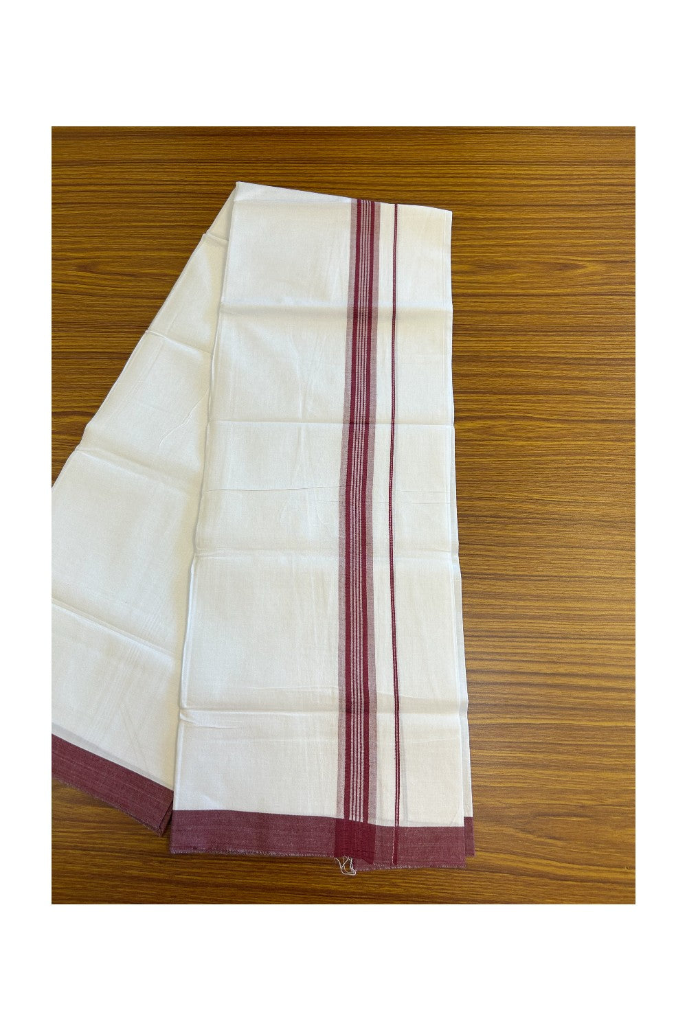 8% DISCOUNT ! KaithariKada Balaramapuram 100% Cotton Pure white Single Mundu/Dhoti - (40S) - 1.75  inch Light Maroon Striped  Kara (2 meter / 4 muzham) - 13KK5115THI.