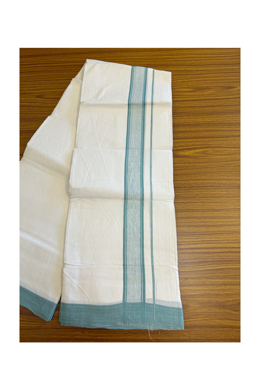 Linen Dhoti NEW! 20% Discount from Kaitharikada.com - Double Mundu/Dhoti 80x90 Thread PURE WHITE - Pure Cotton + Linen -2.5 Inch Turquoise Blue Striped Kara - 31KK5115THI