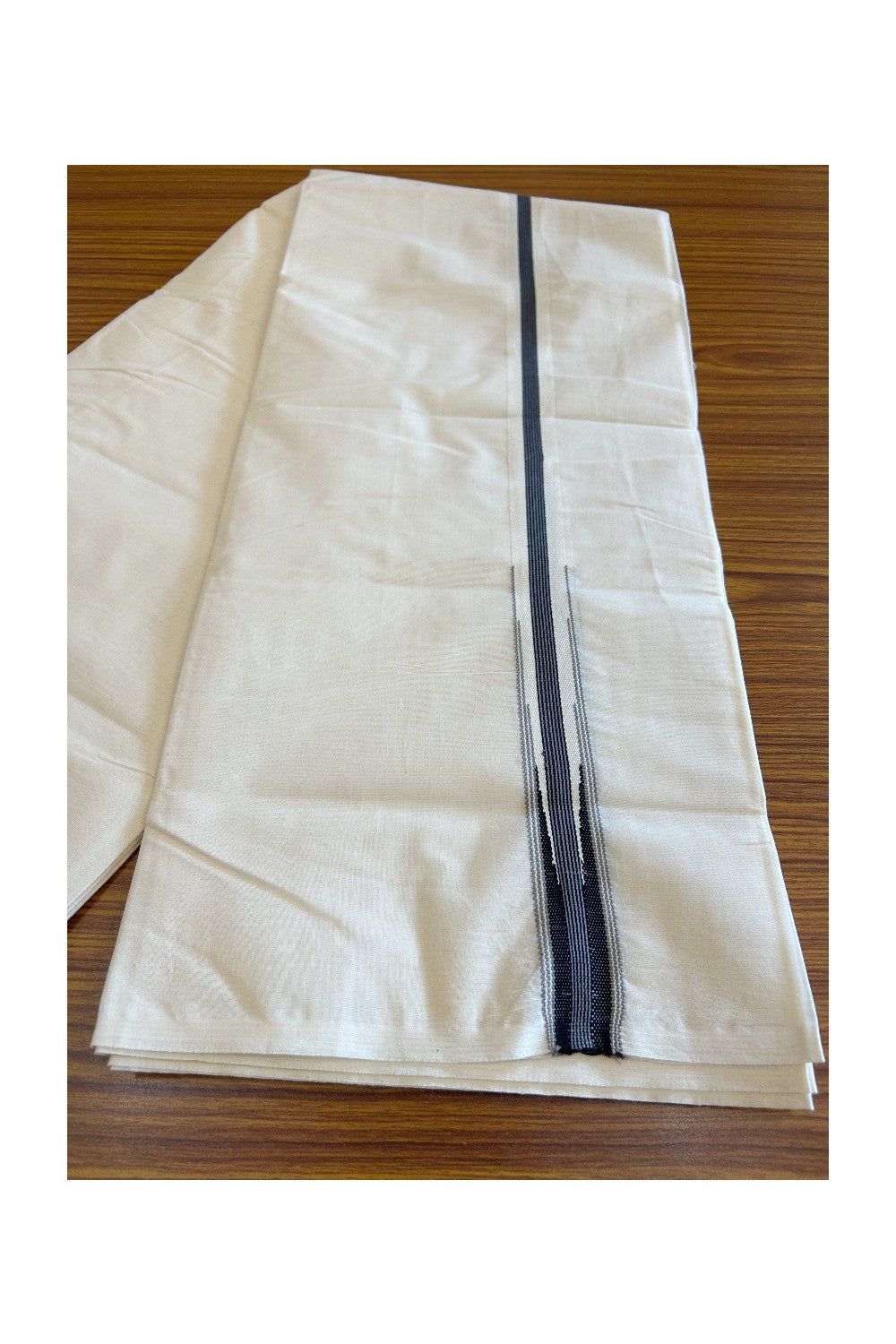 19% Discount! Balaramapuram Double Off white - (Unbleached) Mundu/Dhoti - 100X100 - 1 inch Puliyilakkara Dark ash & Black Striped Chutty Kara - 19KK5120ASH