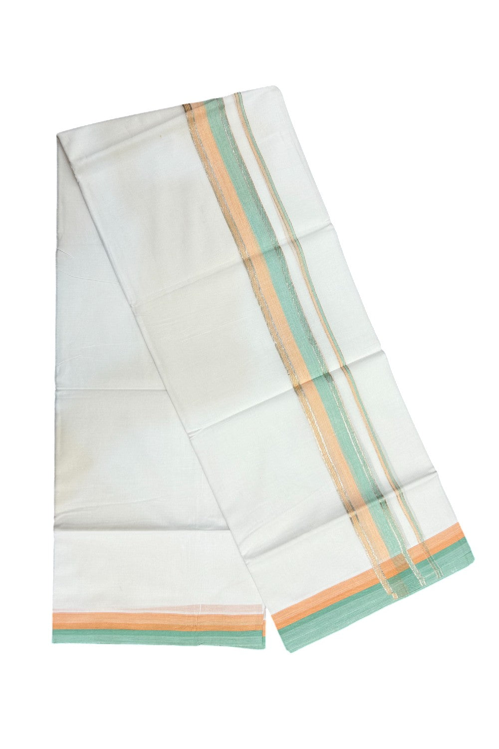 21% Discount !! KaithariKada Balaramapuram Double PURE WHITE Mundu/Dhoti- 100x80 - 1.75 inch Peach Green Kara Silver Striped kara - 13KK5143PMC