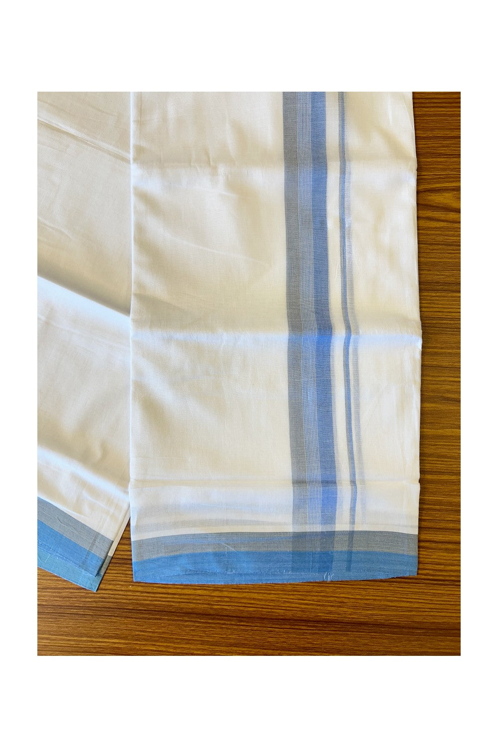 24% DISCOUNT!! Kaitharikada Balaramapuram 100% Cotton Ultra WHITE Double Mundu./Dothi-100x80   2 Inch BLUE+GRAY Striped  Cotton Kara -13KK61VAS