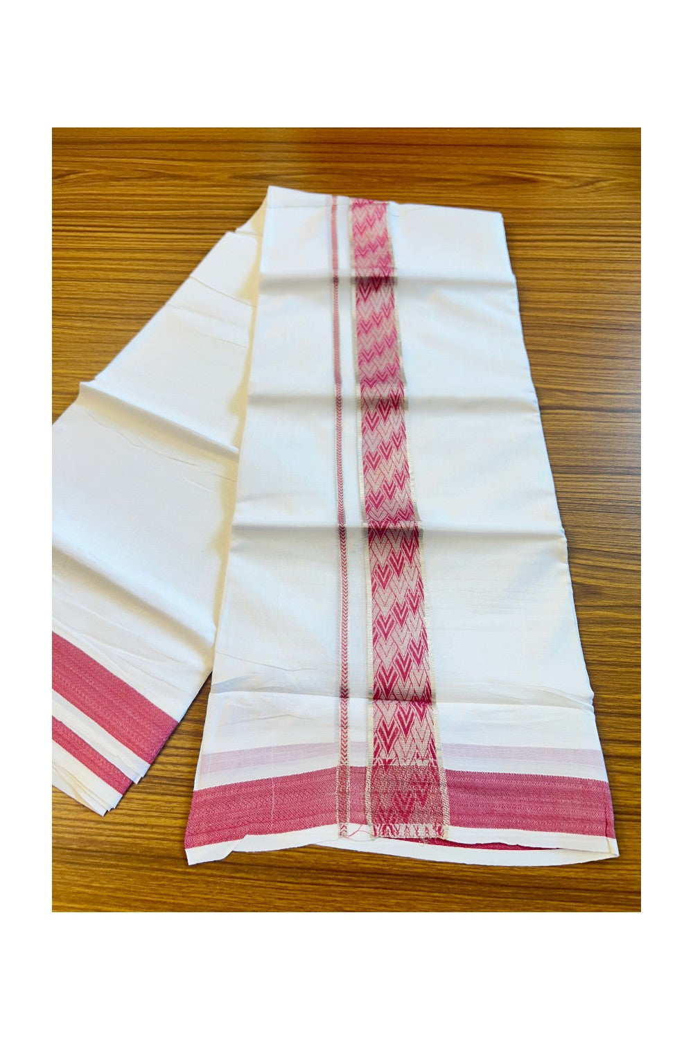 20% DISCOUNT! KaithariKada Balaramapuram 100% Cotton Double PURE white Mundu/Dhoti-100x100   2.5 Inch Silver kasavu dark pink pattern Kara  - 13KK79PMC