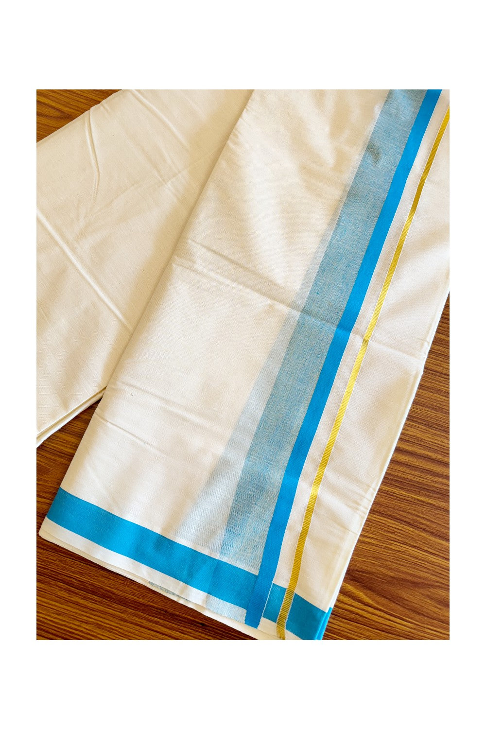 10% DISCOUNT!!! KaithariKada Balaramapuram 100%  Cotton off white - (Unbleached) Double  Mundu/Dhoti - 80X72 blue & kasavu shaded kara - 13KK57VIN