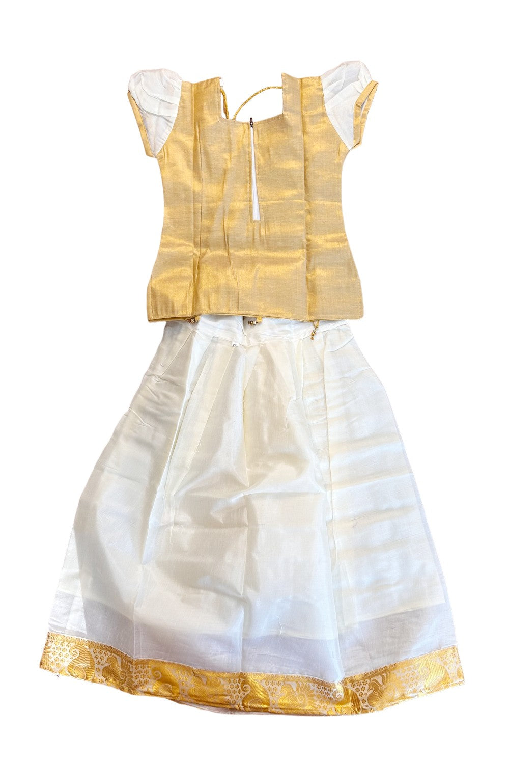 Midukki-Traditional South Indian Kids Pattu Pavada- Golden tissue top offwhite skirt with kasavu - Age 8 - KK8MID0013