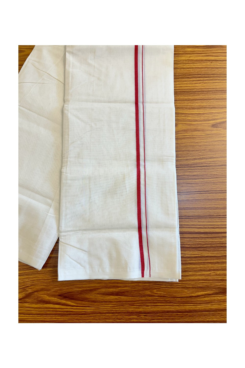 18% DISCOUNT ! KaithariKada Balaramapuram 100% Cotton Double Off white Mundu/Dhoti-100X100- 2. cm Red Kara.- 13KK417ASH