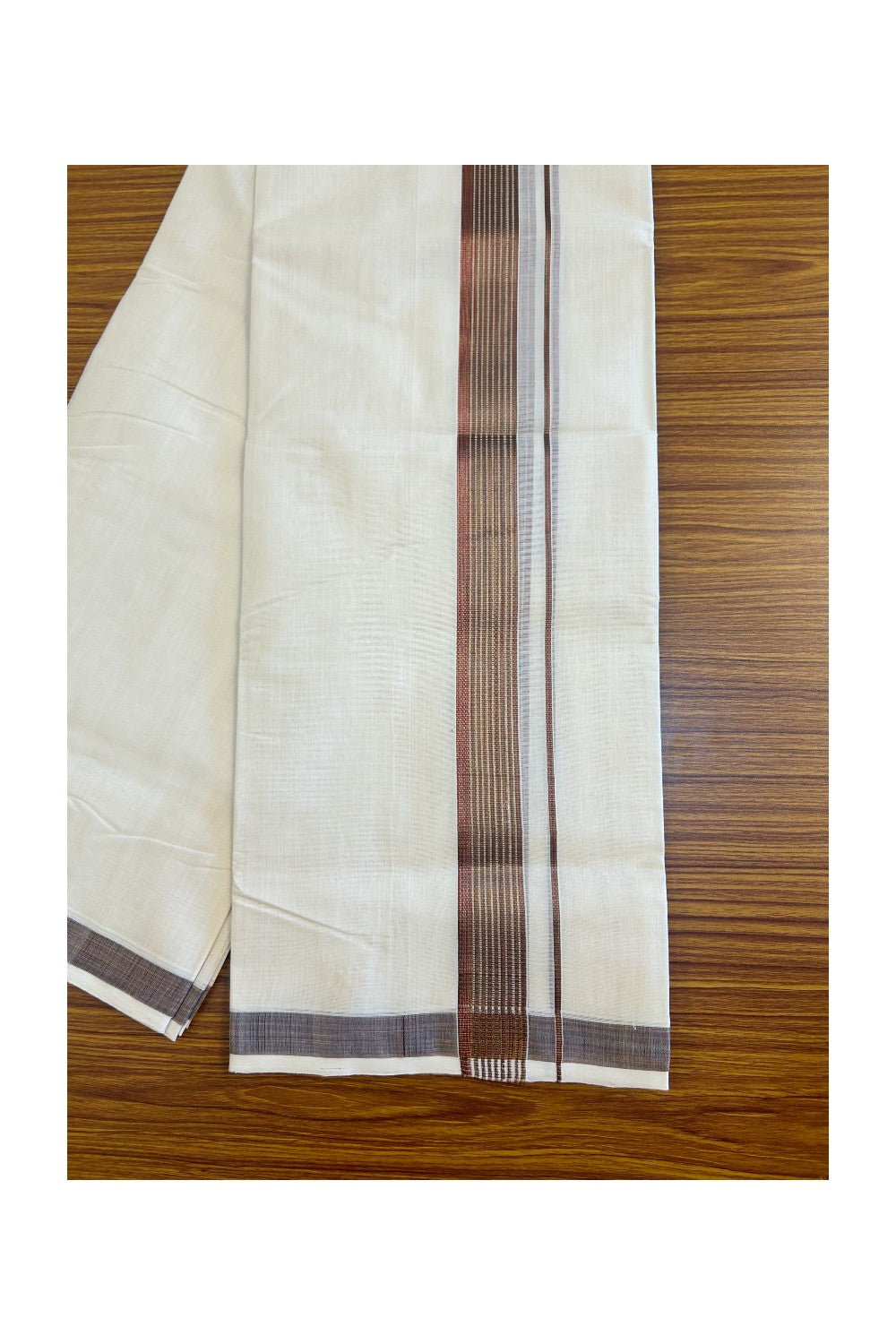 15% DISCOUNT!! KaithariKada HANDLOOM Millpaav Balaramapuram - 100% PURE Cotton OFF White - (Unbleached) Double Mundu/Dothi - 2.25 inch Brown & kasavu striped kara - 13KK453RAM