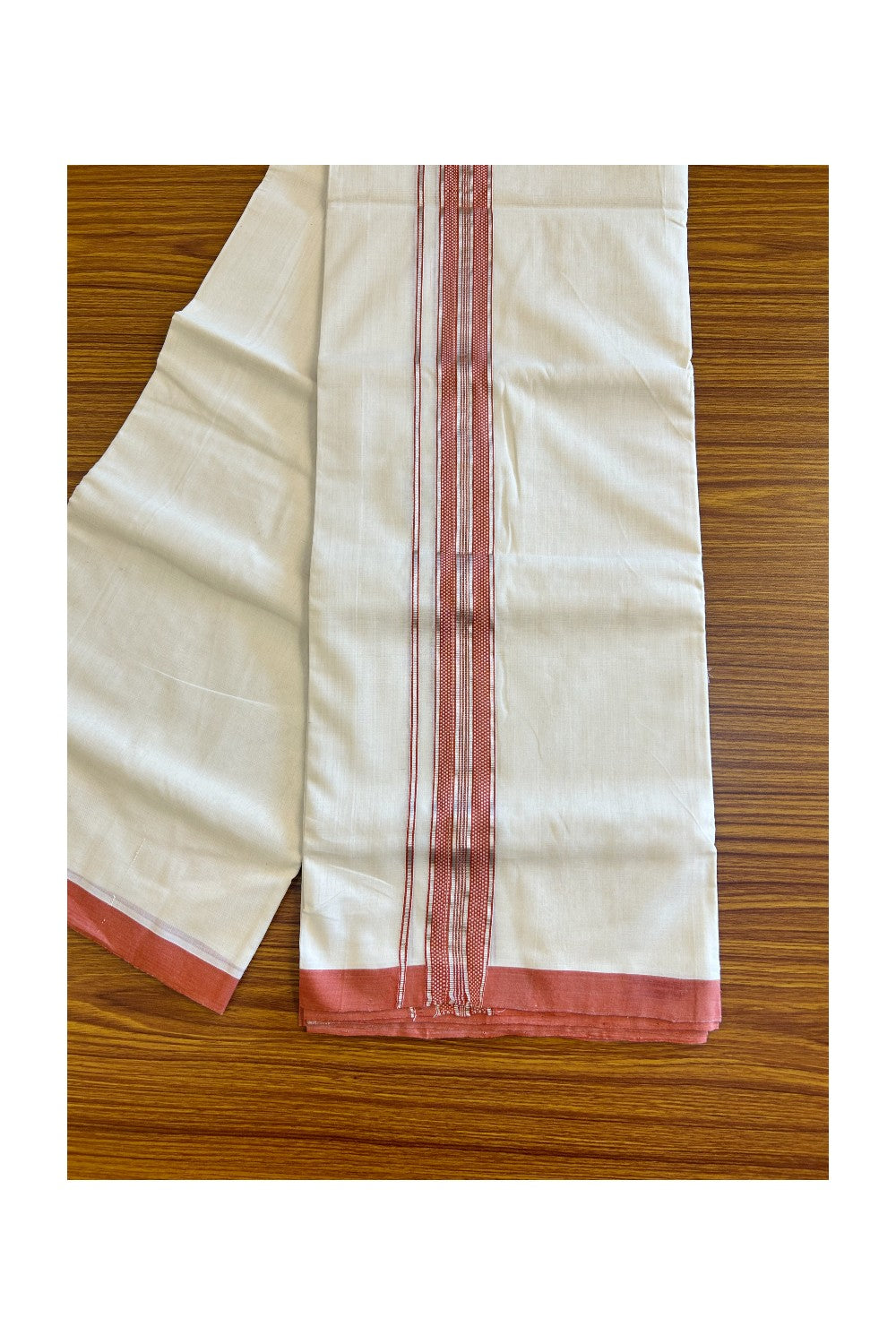 15% Discount!!! KaithariKada HANDLOOM UNAKKUPAAV Balaramapuram - 100% PURE Cotton off white (Unbleached) Double Mundu/Dhoti - 2 inch Brick red & silver kasavu pattern kara - 13KK458SOM