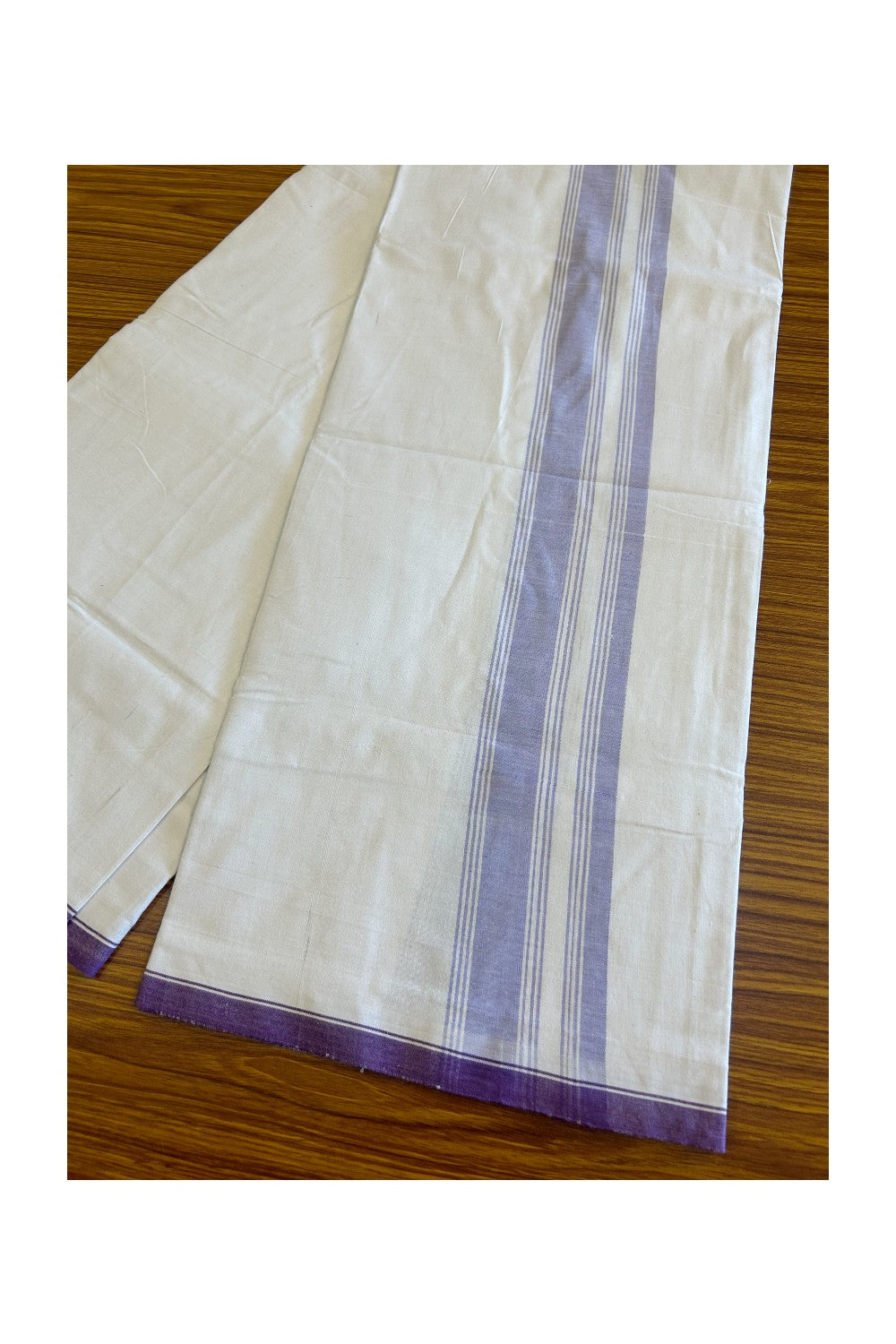 Ultimate HANDLOOM-19% Discount! - Kaitharikada Kalamachal-Government Sealed HALLMARKED-100% PURE COTTON! (80x80) Twisted Thread- Light WHITE SINGLE Mundu / Dhoti - 2.75 inch Violet Striped Kara - 13KK478KAL