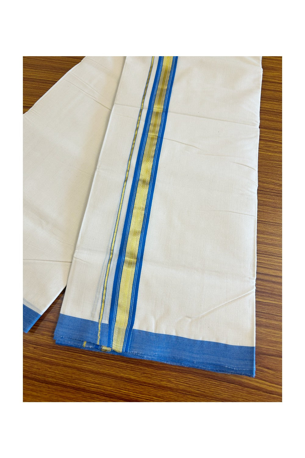 21% Discount KaithariKada Balaramapuram Handloom 100% Cotton Double Off white Mundu/Dhoti-100X100- 2 inch Gold Kasavu & Blue Kara.- 13KK498KK