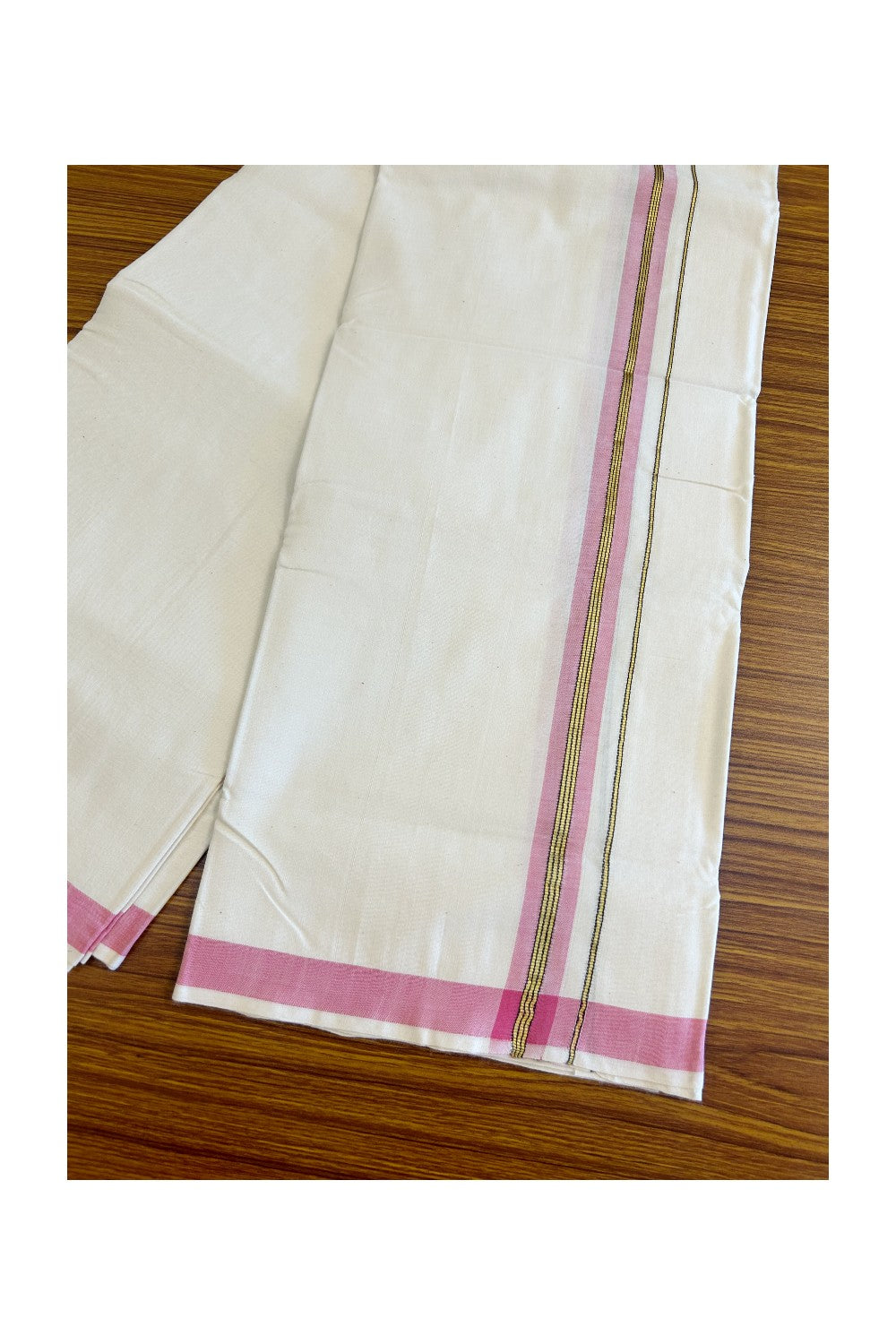 32% Discount KaithariKada 100% Cotton Balaramapuram HANDLOOM Single Mundu/Dhoti - Off White - (Unbleached) 1.5 inch Kasavu & Pink Striped Kara  - 13KK499KK