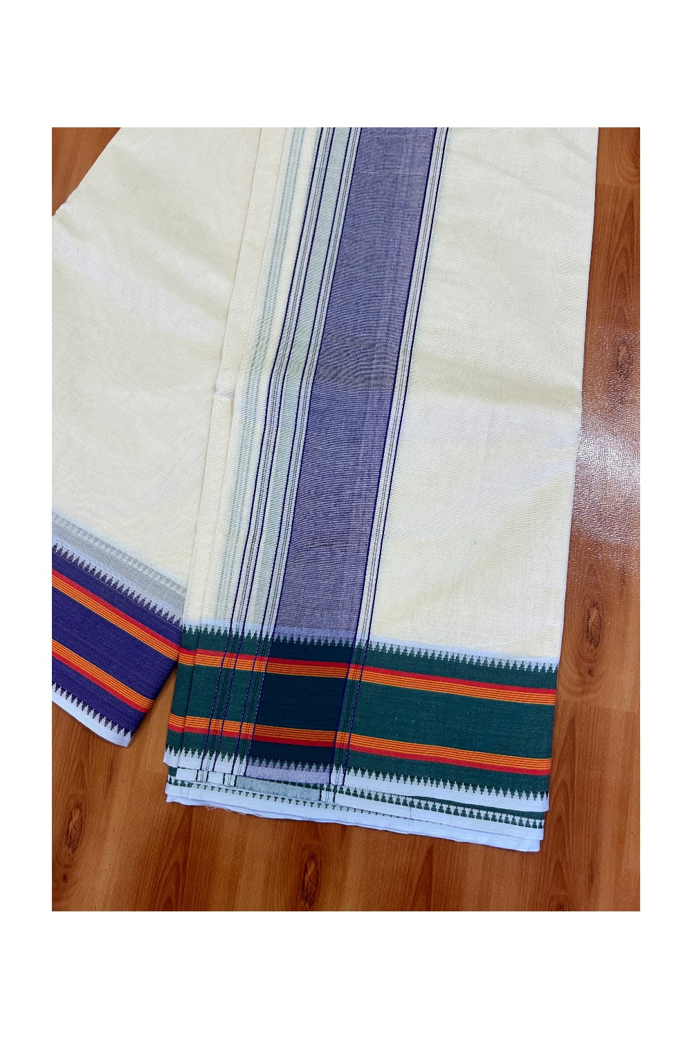 37% DISCOUNT! KaithariKada 100% Cotton Off White - (Unbleached) - Pure Cotton -100x100 thread - NORTH INDIAN - ATTACHED GAMCHA 10x6 Dhoti Violet kara with Violet Green & Orange Striped border - 13KK5004PMC