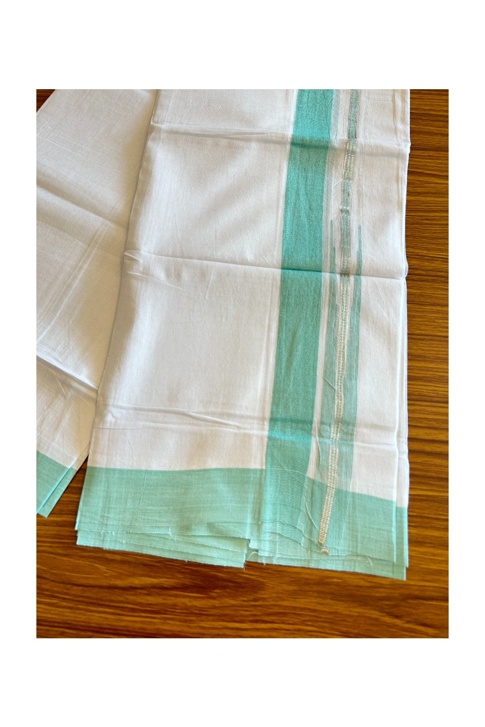 Kaitharikada  Balaramapuram 100% Pure Cotton PURE WHITE Double Mundu/Dothi - 80x92 - 1.5 Inch Aquamarine Green & Silver Chutty kara - 13KK5022VAN