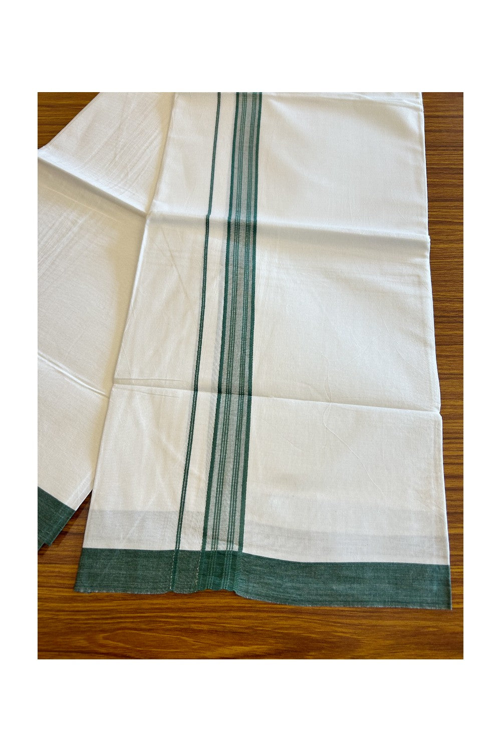 8% Discount ! Kaitharikada Balaramapuram 100% Cotton PURE WHITE SINGLE Mundu/Dothi- 1.75 inch Dark Green Striped Kara - 13KK5032GAN