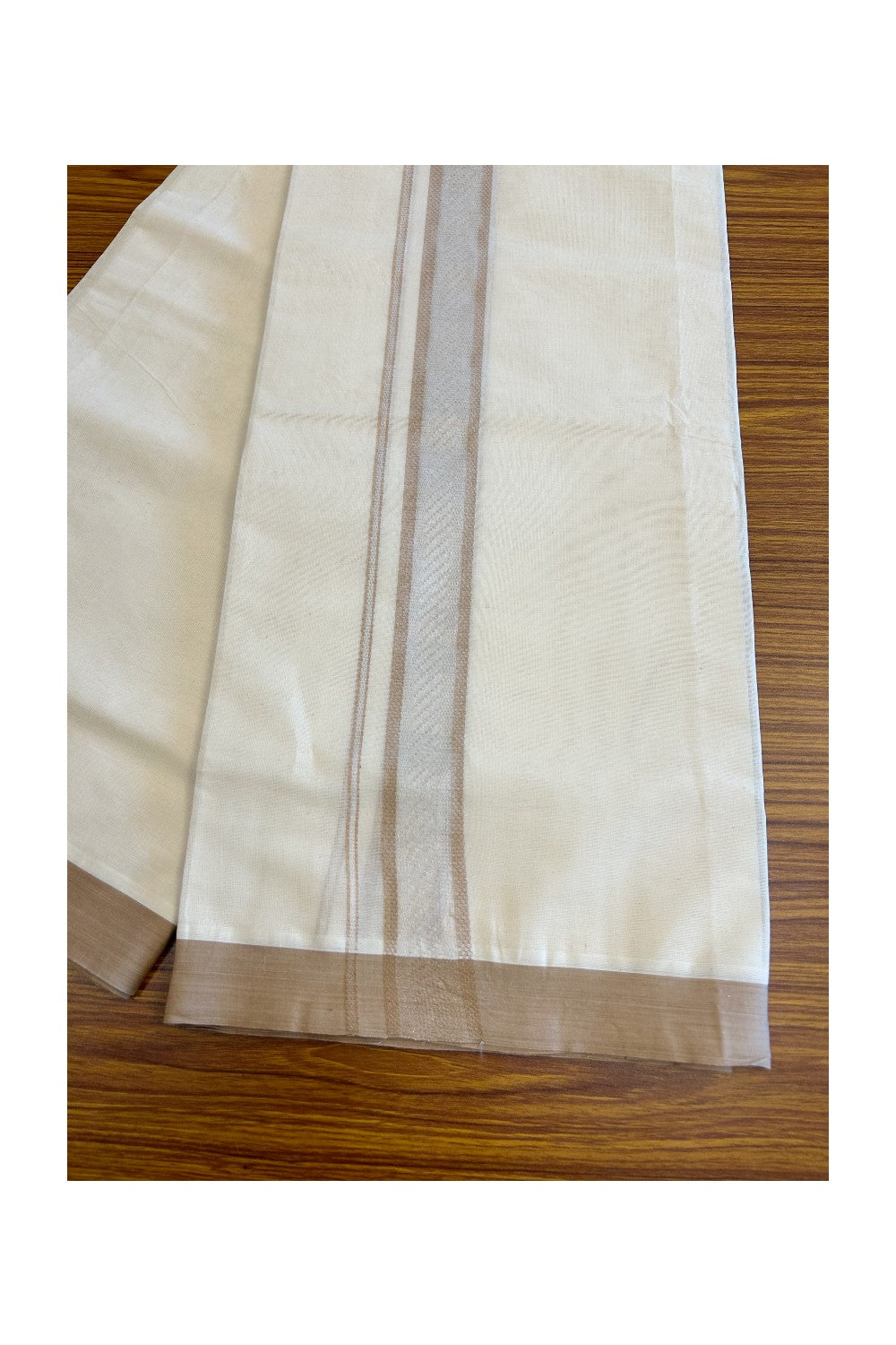 5% Discount!!! KaithariKada Balaramapuram  Double Off white - (Unbleached) Mundu/Dhoti - 80X90 - 2 inch SILVER  KASAVU & Peanut brown pattern Kara - 13KK5037KAI