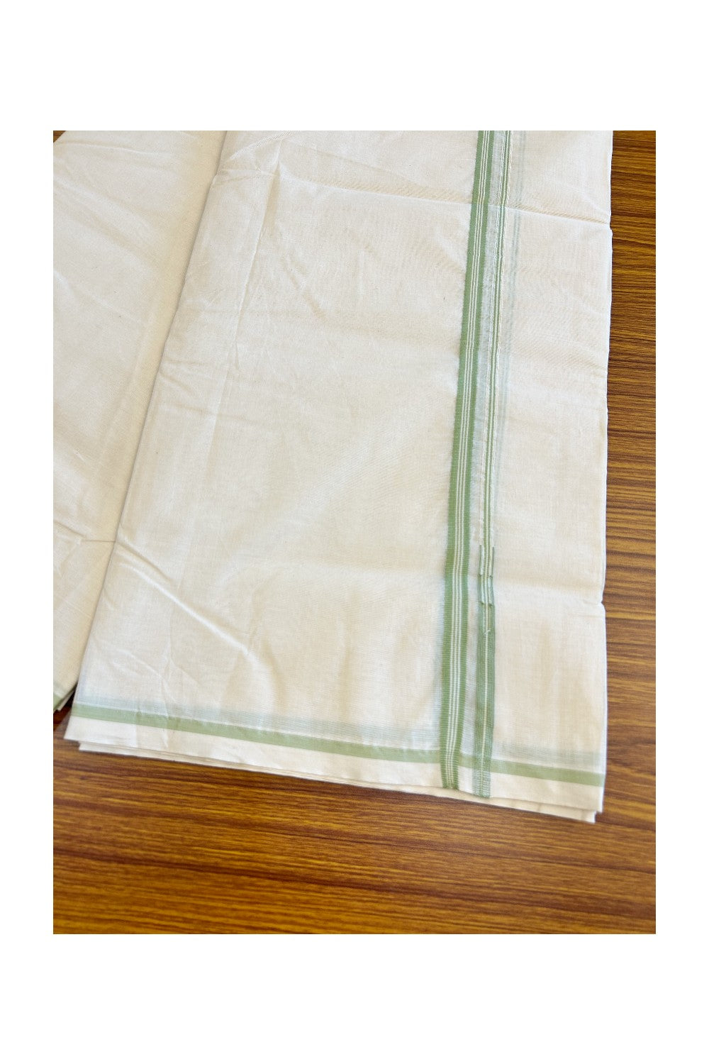 24% Discount !! KaithariKada Balaramapuram 100% Cotton Double Off white - (Unbleached) Mundu/Dhoti-100x100 - 1cm Puliyilakkara Light Green Striped Chutty Kara (10 Muzham)- 13KK5045ASH