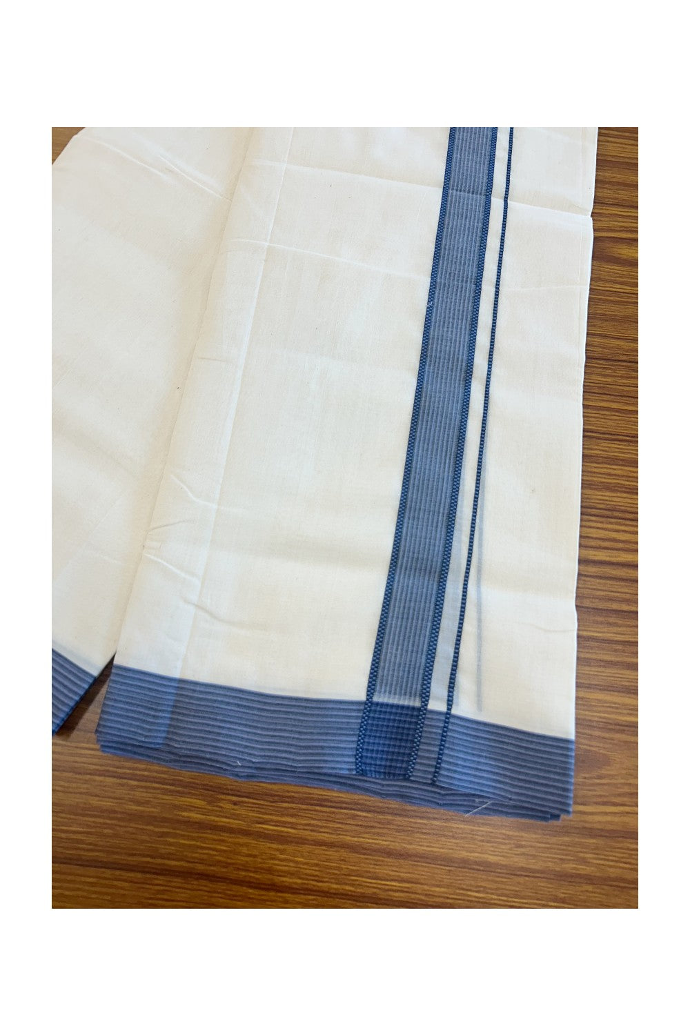 19% DISCOUNT!! KaithariKada HANDLOOM UNAKKUPAAV Balaramapuram - 100% PURE Cotton OFF White Double - (Unbleached) Mundu/Dothi - 1.75 inch Black & Navy Blue Stripes  Kara 3.82 meters - 13KK5049REA