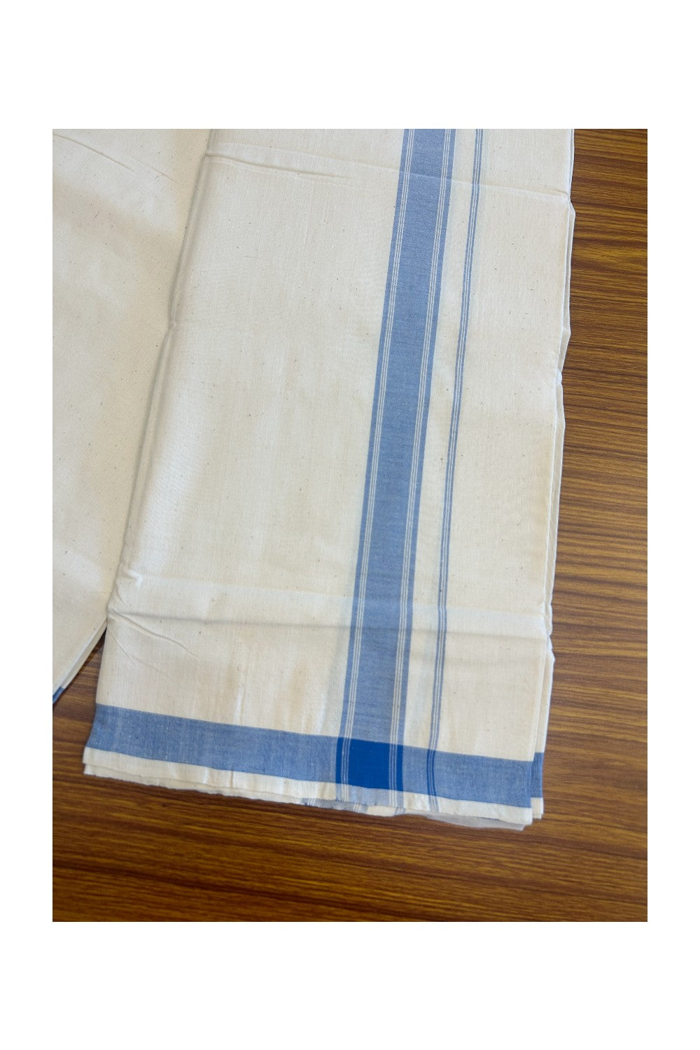 32% Discount KaithariKada 100% Cotton Balaramapuram HANDLOOM Single Mundu/Dhoti - Off White (Unbleached) 2 inch Blue Kara Stripes- 318