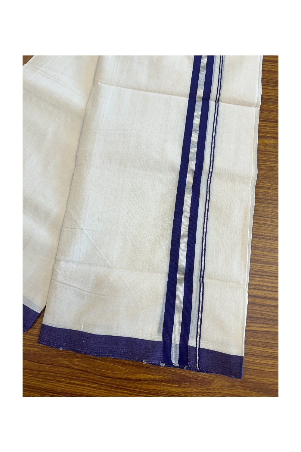 15% DISCOUNT! KaithariKada BALARAMAPURAM HANDLOOM UNAKKUPAAV - 100% PURE Cotton off white (Unbleached) Double Mundu/Dhoti - 1.75 inch Silver Kasavu & Violet+Blue Stripes Kara-67