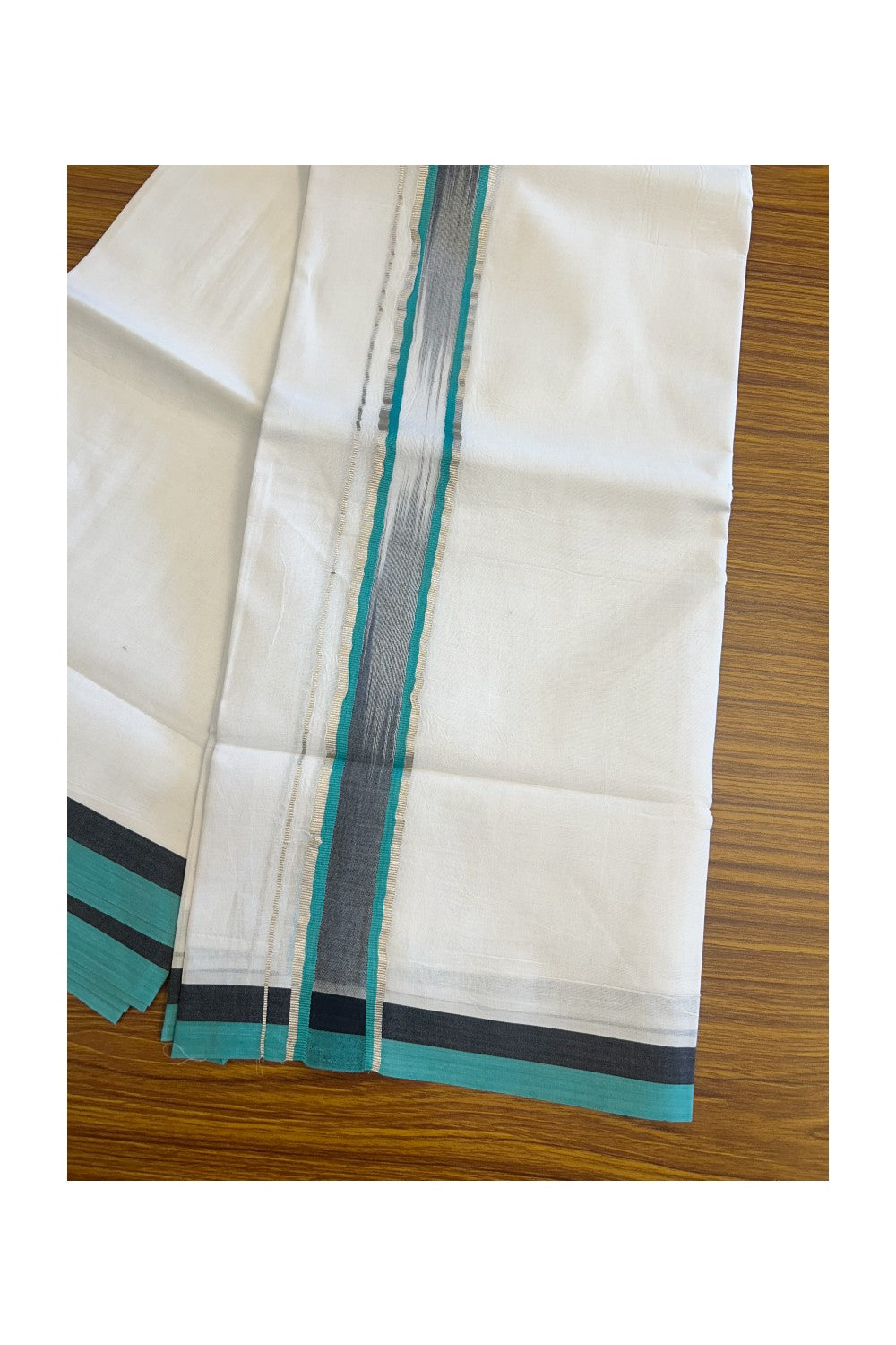 19% Discount!!! KaithariKada Balaramapuram  PURE WHITE Double Mundu/Dhoti - 80X90 - 2 inch Silver kasavu  Turquoise green & Black shaded kara 3.85 meters - 13KK5058GUN