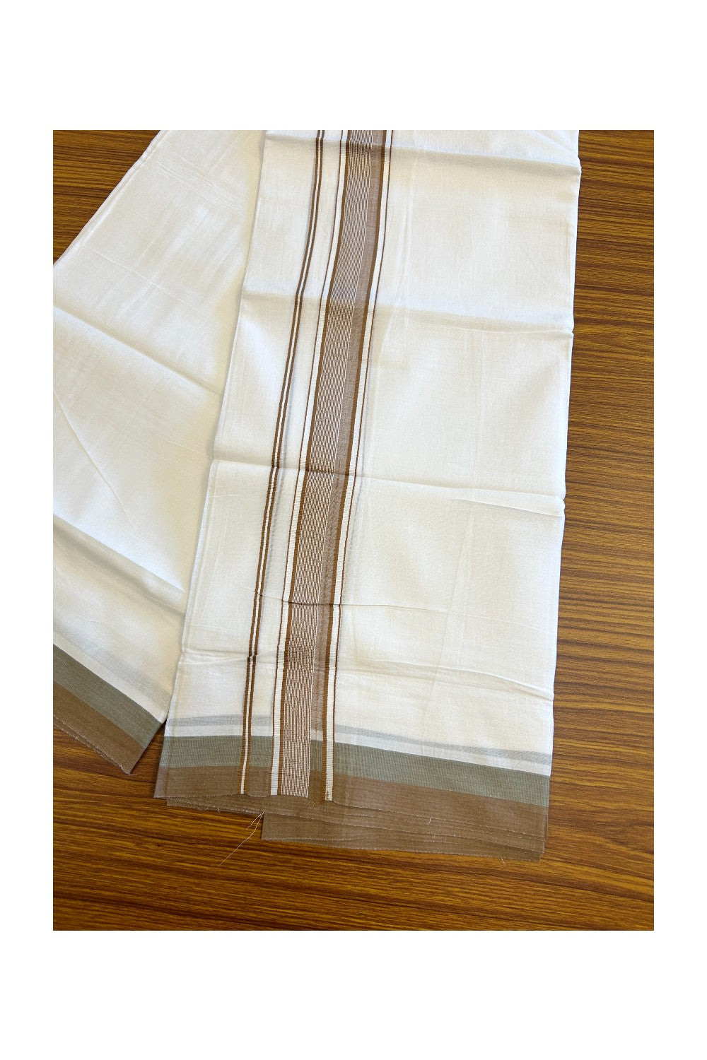 21% DISCOUNT!! Kaitharikada Balaramapuram 100% Cotton Ultra WHITE Double Mundu/Dothi-100x80 2.15 Inch Forest Sage And Brown Striped Cotton Kara - 13KK5067KK