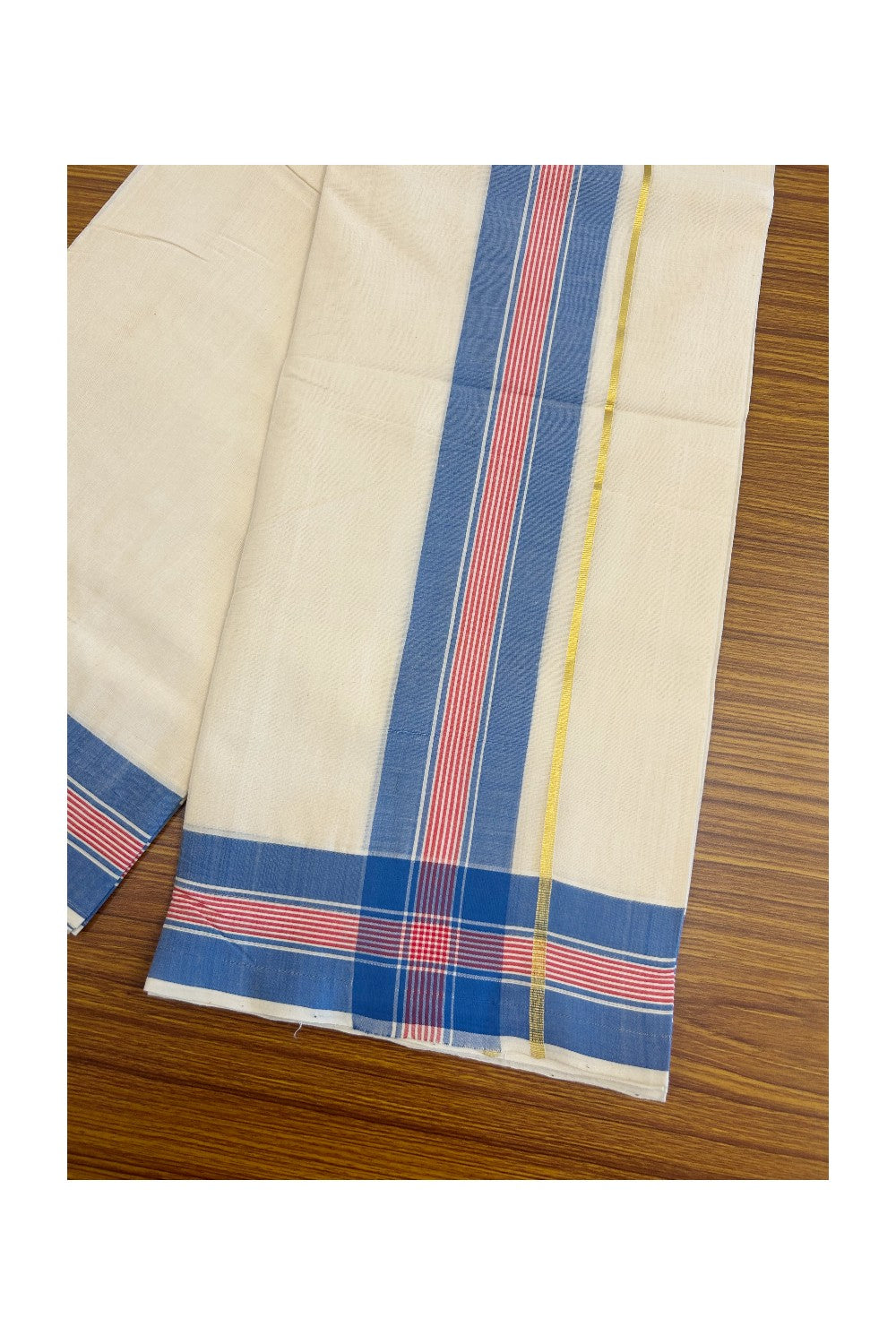 15% DISCOUNT!! KaithariKada HANDLOOM UNAKKUPAAV Balaramapuram - 100% PURE Cotton OFF WHITE - (Unbleached) Double Mundu/Dhoti -  3.inch BLUE + RED Stripes &  Kasavu-KK52SOM-3.