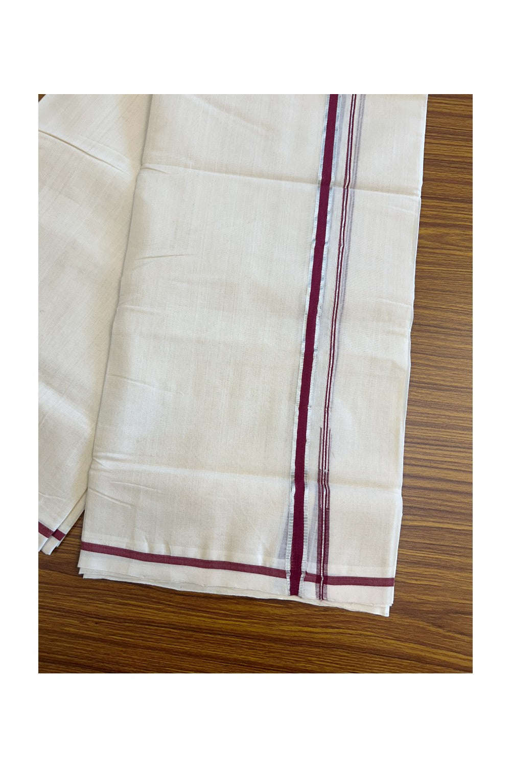 21% DISCOUNT!! KaithariKada HANDLOOM Millpaav Balaramapuram - 100% PURE Cotton Off White (Unbleached) - 100x100 Double Mundu/Dhoti - Puliyilakkara Chutty Silver Kasavu Maroon Kara - 10KK114ASH