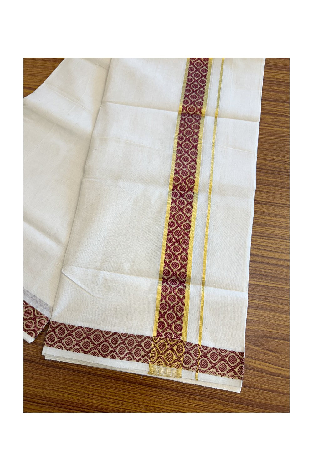 30% Discount!!! KaithariKada HANDLOOM UNAKKUPAAV Balaramapuram - 100% PURE Cotton off white (Unbleached) 100x100 - Double Mundu/Dhoti - 2.75 inch Kasavu & Maroon pattern kara - 12KK5096YAR