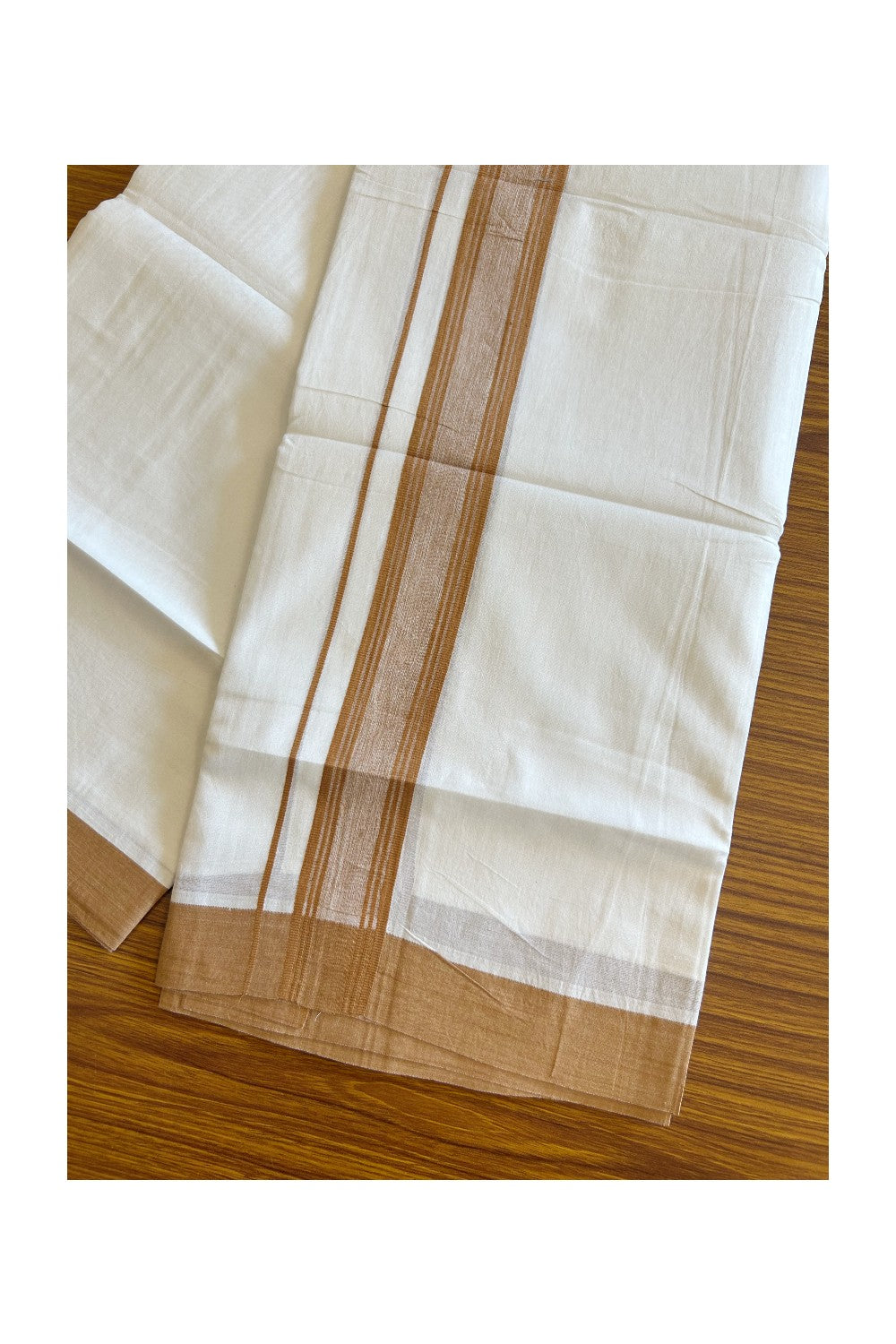 20% DISCOUNT!! KaithariKada Balaramapuram 100% Cotton PURE WHITE Double Mundu/Dhoti - 100x80 - 1.75 inch & 45 Inch Height Bronze Orange Shaded striped kara - 13KK5109THI