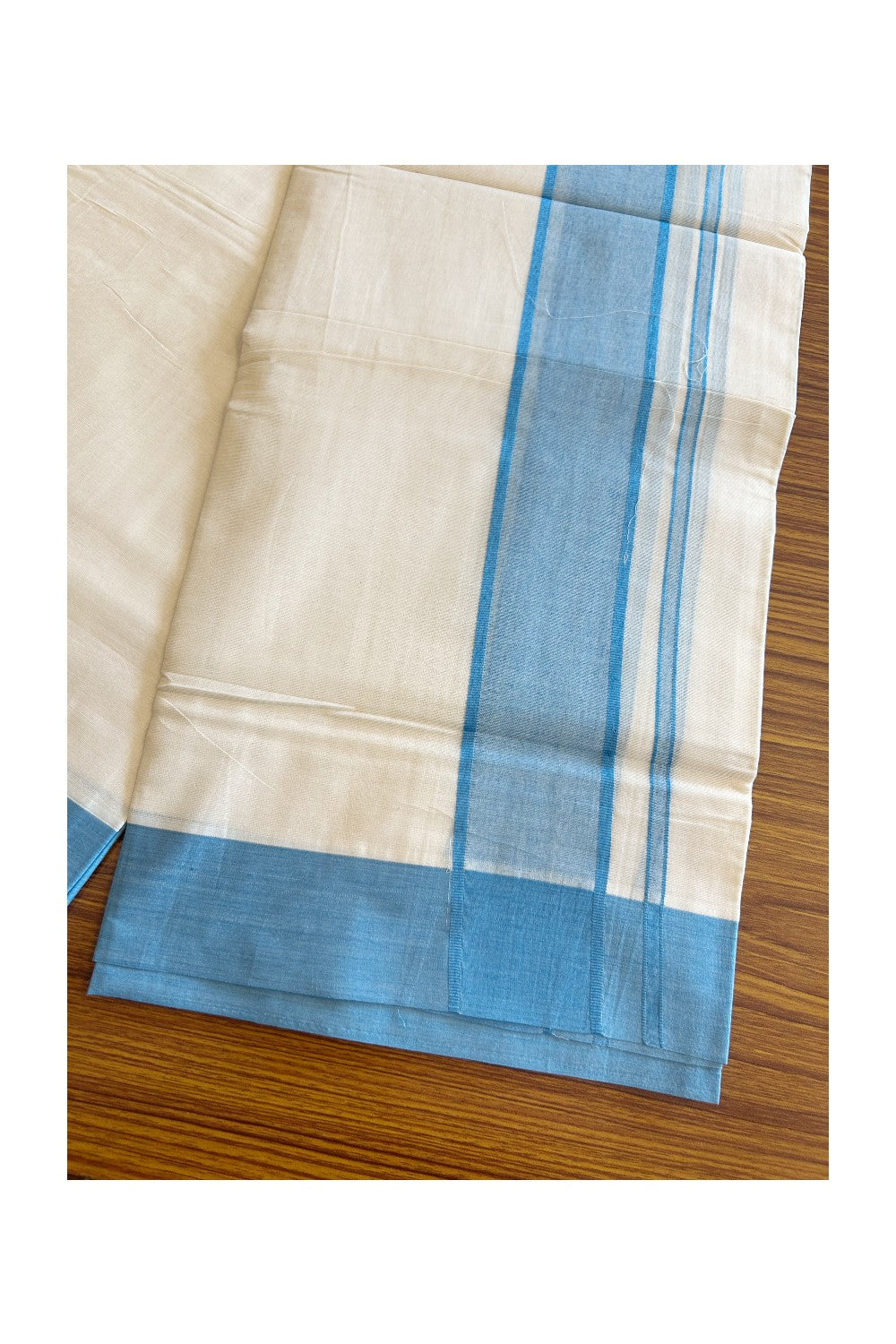 19% DISCOUNT! KaithariKada Balaramapuram 100% Cotton  Off white (Unbleached) Double Mundu/Dhoti-100x100 2.5inch Light Blue kara - 13KK5110THI