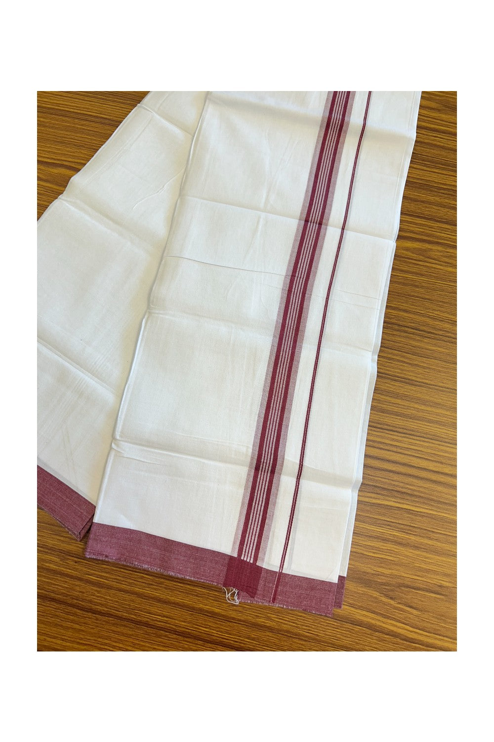 8% DISCOUNT ! KaithariKada Balaramapuram 100% Cotton Pure white Single Mundu/Dhoti - (40S) - 1.75  inch Light Maroon Striped  Kara (2 meter / 4 muzham) - 13KK5115THI.