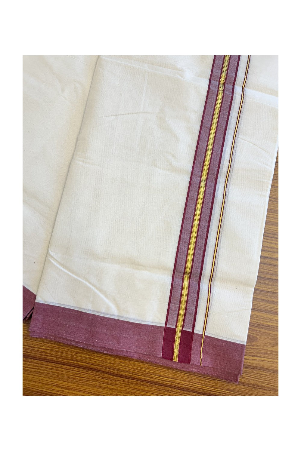 19% Discount !! KaithariKada - 100% PURE Cotton OFF White Double - (Unbleached) Mundu/Dothi -100x100 - 2 inch Maroon & Kasavu Striped Kara 4.50 Meters - 13KK5133ASH