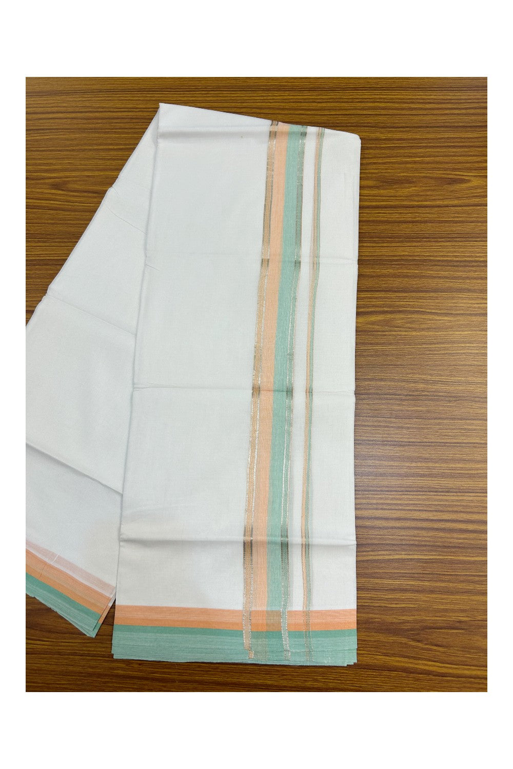 21% Discount !! KaithariKada Balaramapuram Double PURE WHITE Mundu/Dhoti- 100x80 - 1.75 inch Peach Green Kara Silver Striped kara - 13KK5143PMC