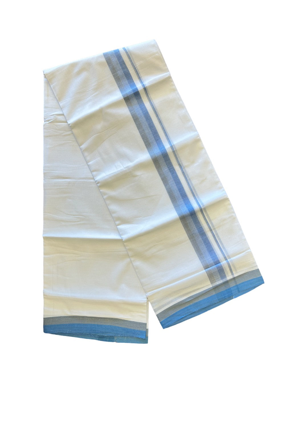 24% DISCOUNT!! Kaitharikada Balaramapuram 100% Cotton Ultra WHITE Double Mundu./Dothi-100x80   2 Inch BLUE+GRAY Striped  Cotton Kara -13KK61VAS