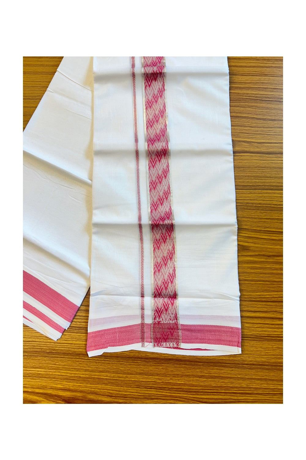 20% DISCOUNT! KaithariKada Balaramapuram 100% Cotton Double PURE white Mundu/Dhoti-100x100   2.5 Inch Silver kasavu dark pink pattern Kara  - 13KK79PMC