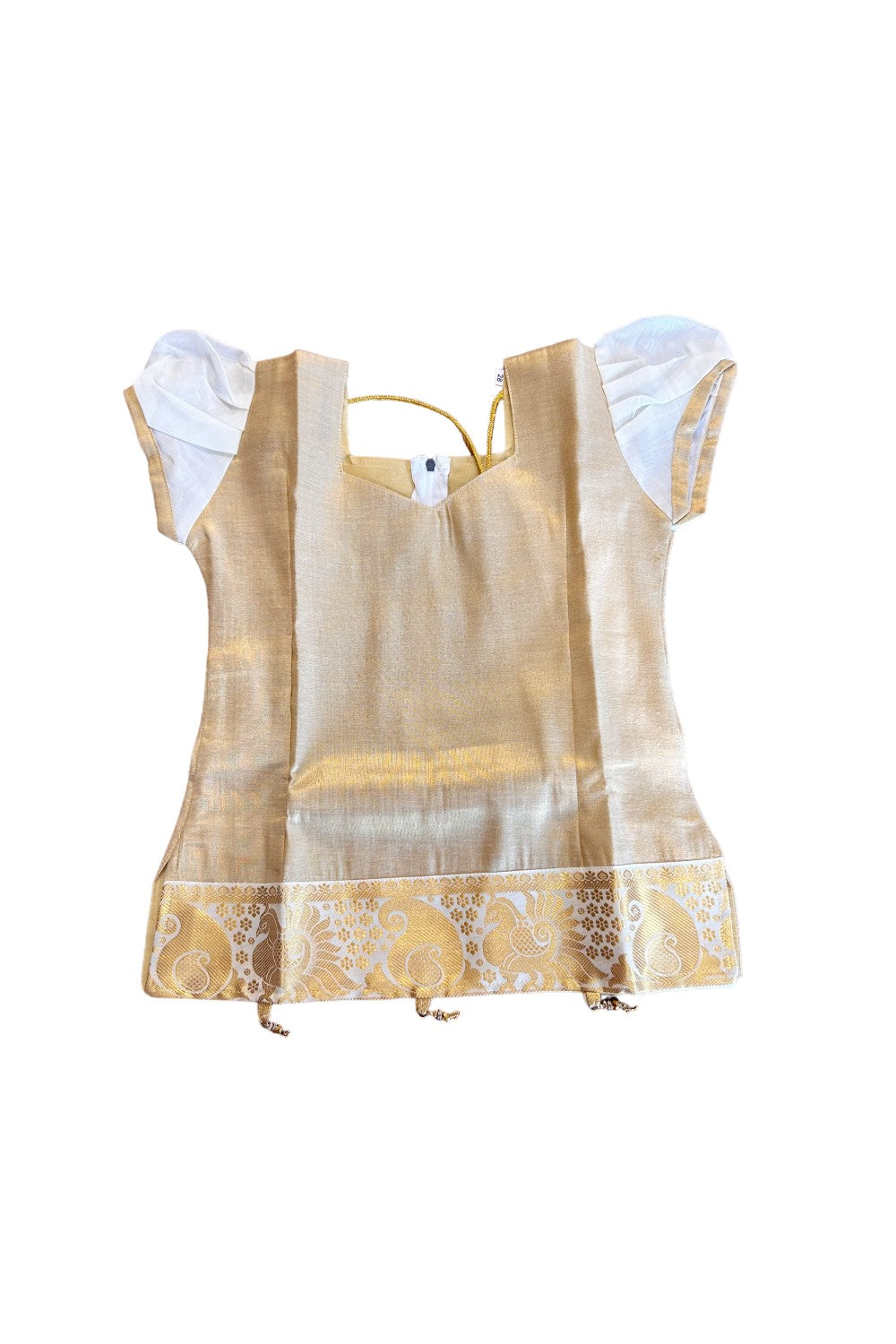 Midukki-Traditional South Indian Kids Pattu Pavada- Golden tissue top offwhite skirt with kasavu - Age 8 - KK8MID0013