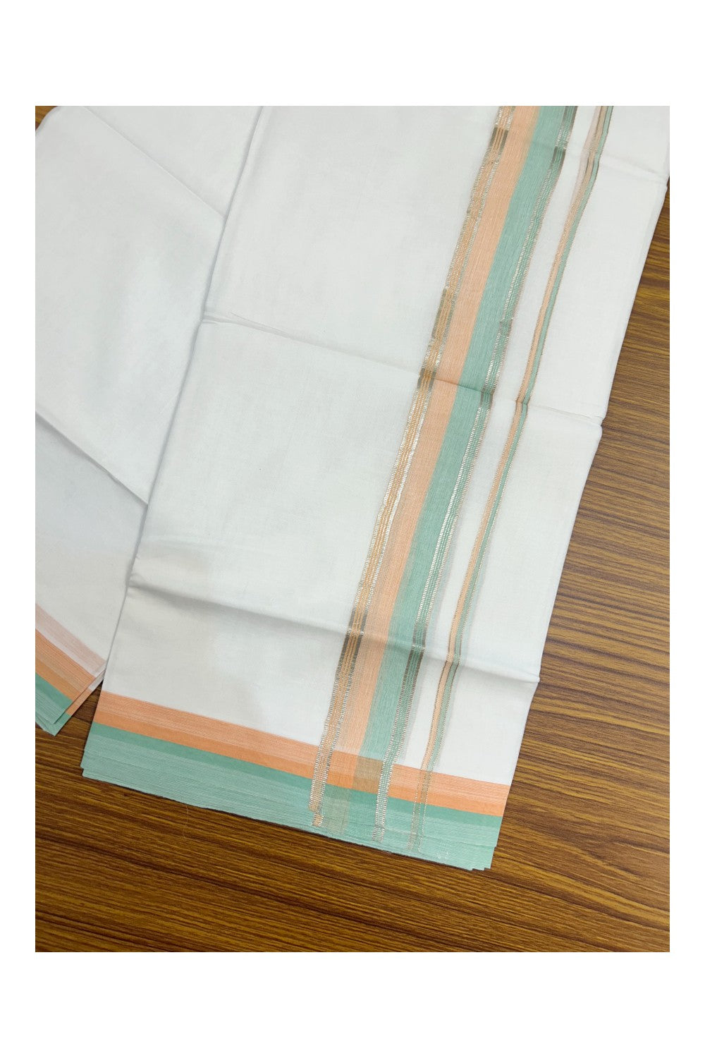 21% Discount !! KaithariKada Balaramapuram Double PURE WHITE Mundu/Dhoti- 100x80 - 1.75 inch Peach Green Kara Silver Striped kara - 13KK5143PMC