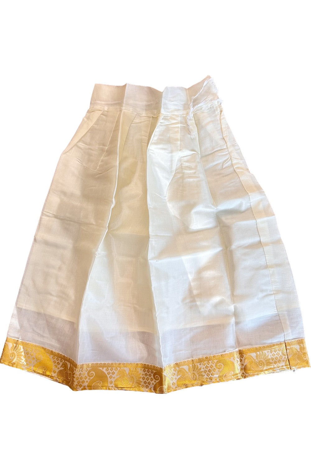 Midukki-Traditional South Indian Kids Pattu Pavada- Golden tissue top offwhite skirt with kasavu - Age 8 - KK8MID0013