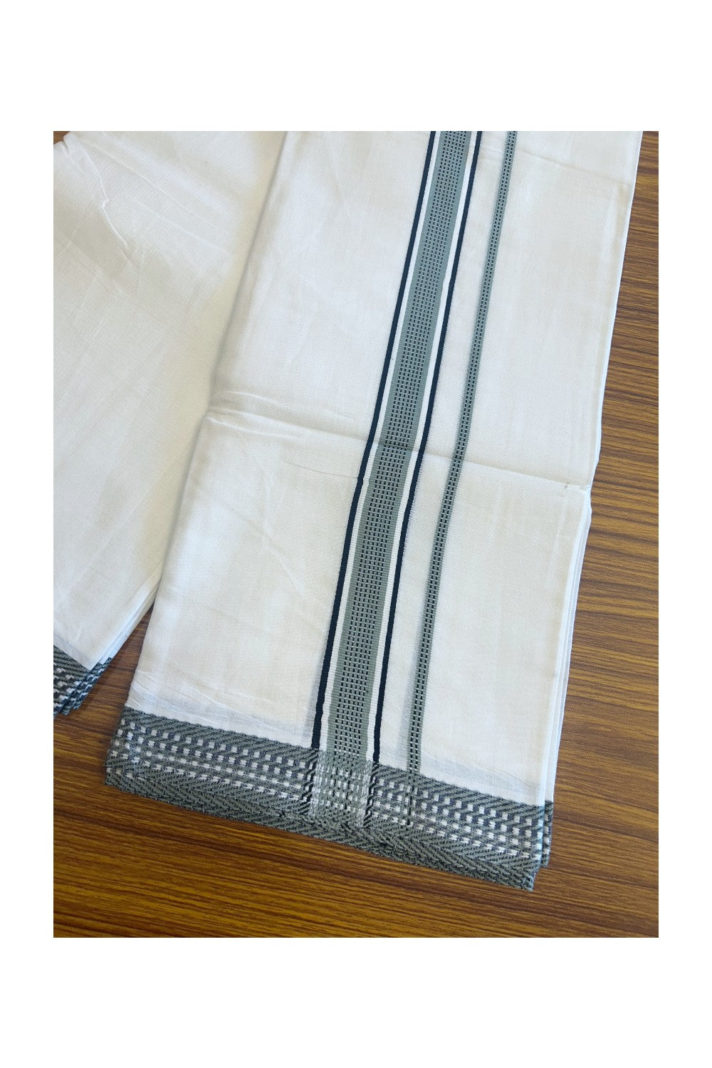 19% Discount !! Kaitharikada Balaramapuram 100% Mercerised Cotton Pure WHITE Double Mundu/Dothi-100x100 - 2 Inch Sage Green & Black Striped kara - 1KK5106YAR