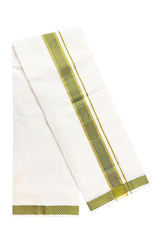 18 % DISCOUNT ! KaithariKada HANDLOOM Unakkupaav Balaramapuram - 100% PURE Cotton 4.58 Meter Off White Double Mundu/Dhoti - Green Check & KASAVU DESIGN 2.5 Inch KARA- ABH14