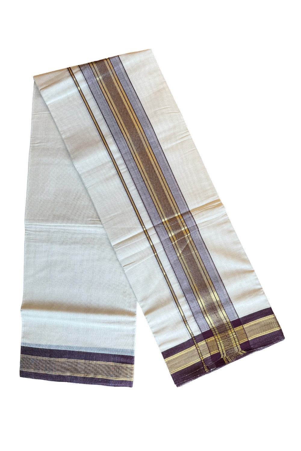 25% DISCOUNT!! KaithariKada HANDLOOM millpaav Balaramapuram - 100% PURE Cotton OFF White (Unbleached) Double Mundu/Dothi - 4 inch Dark maroon & Kasavu striped kara - 14KK206VIN