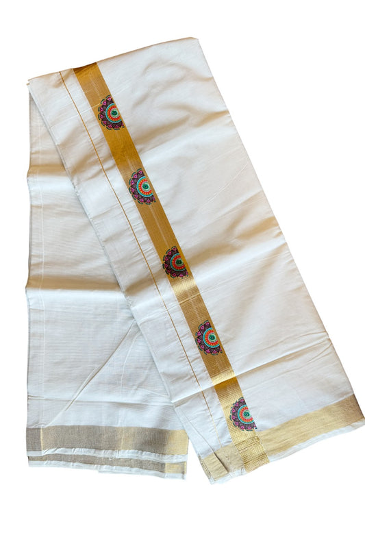 20% Discount !! KaithariKada Balaramapuram 100% Cotton Double Off white Mundu/Dhoti-80x72-  Hand Painted Flower & Kasavu Design - 14KK207PMC