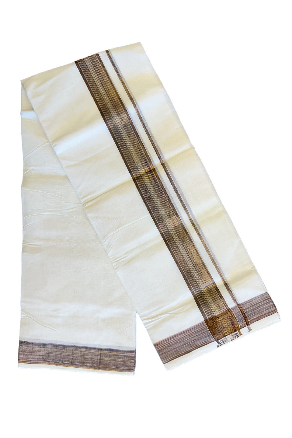 18% DISCOUNT!! KaithariKada HANDLOOM Millpaav Balaramapuram - 100% PURE Cotton OFF White Double Mundu/Dothi - 2.75 inch Brown & kasavu striped kara - 14KK410RAM