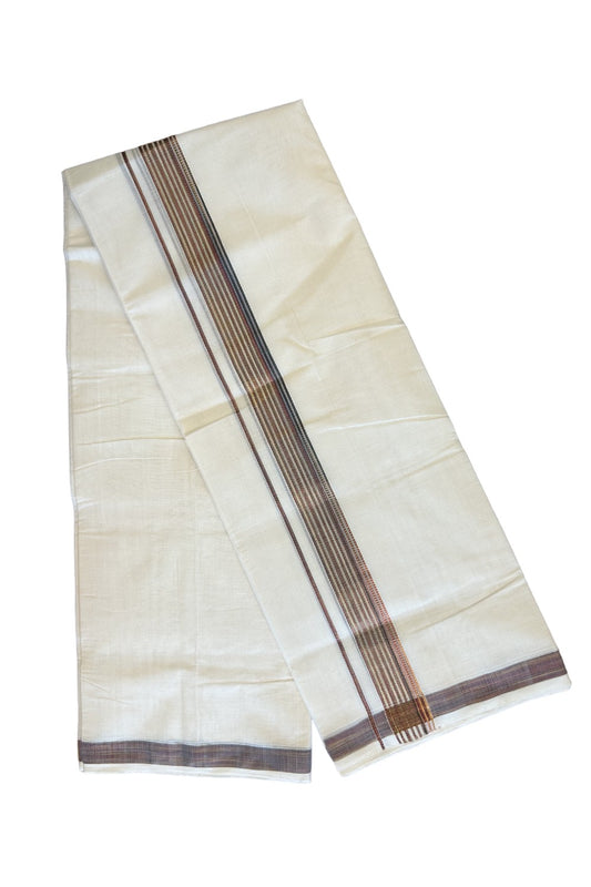 15% DISCOUNT!! KaithariKada HANDLOOM MILLPAAV Balaramapuram - 100% PURE Cotton OFF White - (Unbleached) Double Mundu/Dothi - 2.25 inch Brown & kasavu striped kara - 14KK453RAM