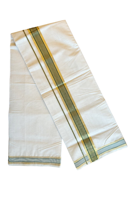 20% DISCOUNT!! KaithariKada HANDLOOM Millpaav Balaramapuram - 100% PURE Cotton OFF White - (Unbleached) Double Mundu/Dothi - 2.75 Inch Kasavu  & Green striped pattern Kara - 14KK456KK