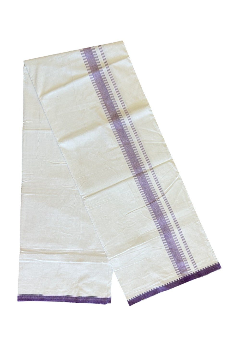 Ultimate HANDLOOM-19% Discount! - Kaitharikada Kalamachal-Government Sealed HALLMARKED-100% PURE COTTON! (80x80) Twisted Thread- Light WHITE SINGLE Mundu / Dhoti - 2.25 inch Lavender Violet Striped Kara - 14KK478KAL