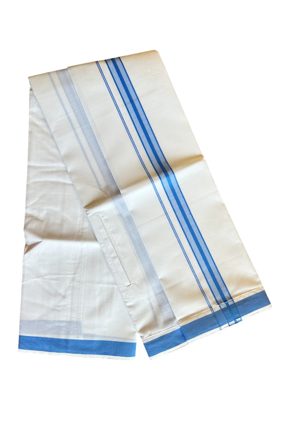 KaithariKada Balaramapuram COTTON SINGLE PURE WHITE VELCRO Mundu/Dhoti - 1.75inch Blue kara - 14KK485SRI