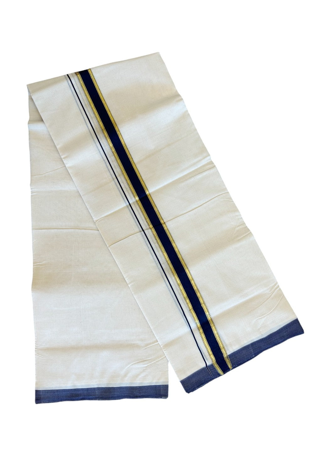 21% Discount KaithariKada Balaramapuram Handloom 100% Cotton Double Off white Mundu/Dhoti-100X100- 2 inch Gold Kasavu & Navy Blue Kara.- 14KK498KK