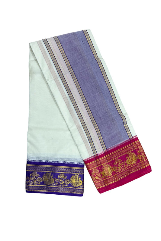 37% DISCOUNT! KaithariKada - Cotton Mix - Off White - (Unbleached) 80x80 thread - 80% Cotton & 20 % Polyester - NORTH INDIAN - ATTACHED GAMCHA 9X5 Dhoti 6.5 inch Violet kara with Magenta & Violet Kasavu border  - 14KK5005PMC