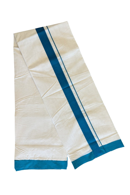 10% Discount!!! KaithariKada Balaramapuram 100% Cotton Double Off white - (Unbleached) Mundu/Dhoti-100x100 2  inch Peacock Blue Kara - 14KK500KK