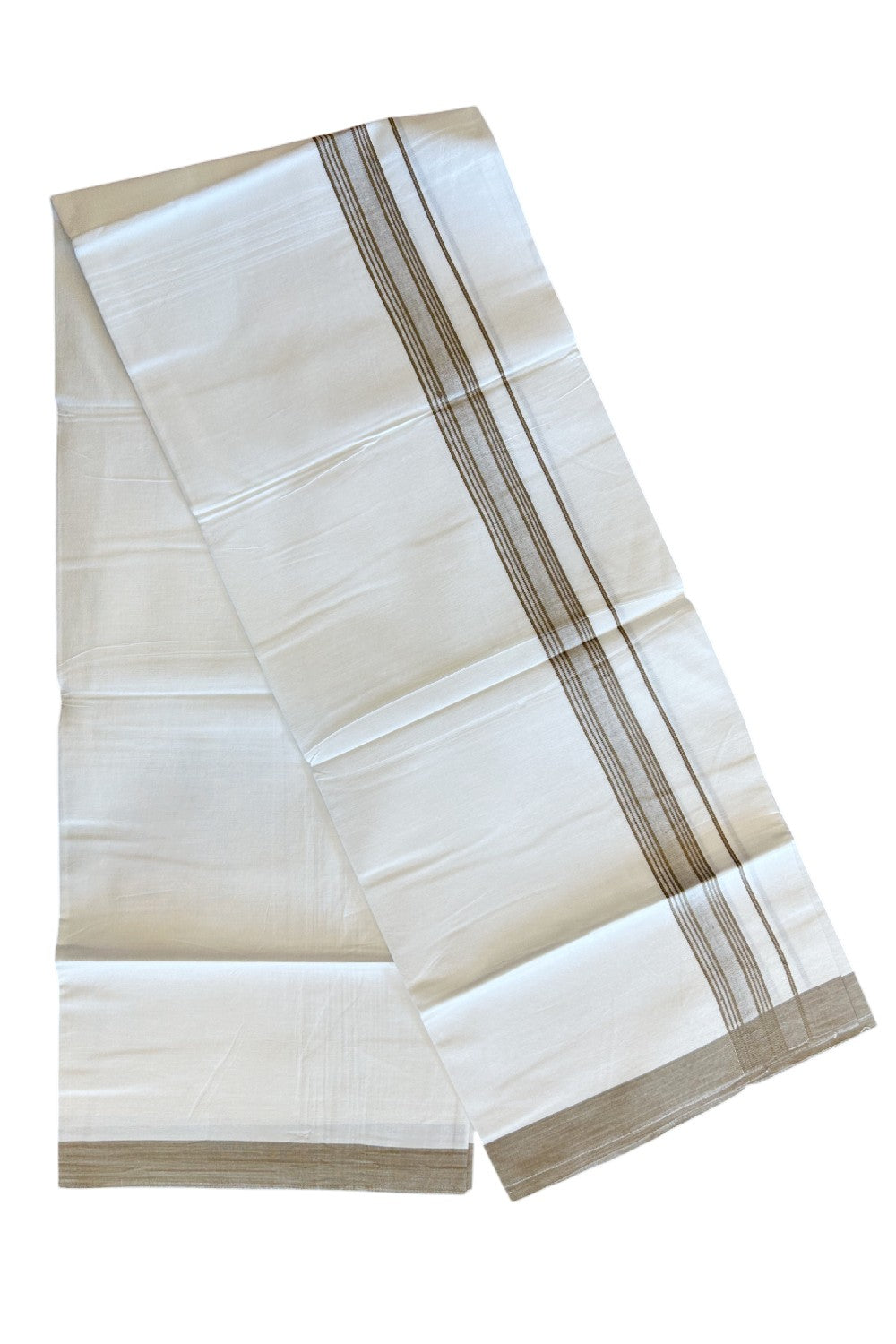 8% Discount ! Kaitharikada Balaramapuram 100% Cotton PURE WHITE SINGLE Mundu/Dothi- 1.75 inch Sand Brown Striped Kara - 14KK5032GAN